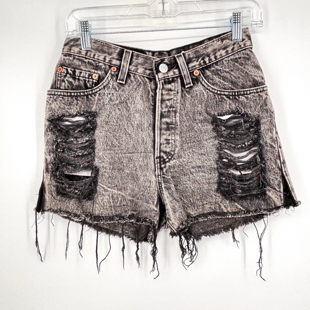 Vintage 90s Levi's Distressed Cutoff Denim Shorts Black Acid Wash Button Fly 26